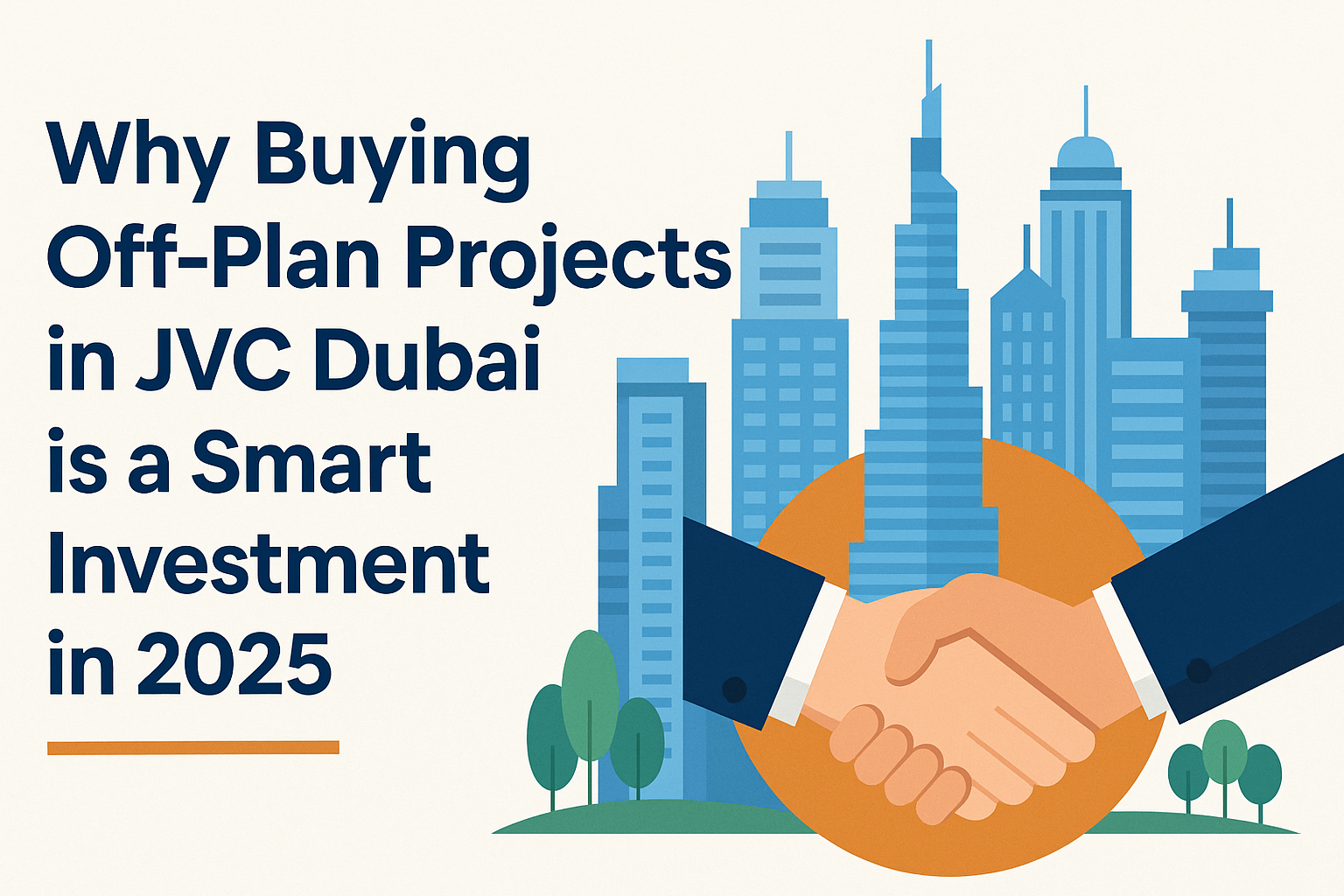 Handshake between investors in front of Dubai skyline, symbolizing off-plan property deals in Jumeirah Village Circle (JVC) in 2025.