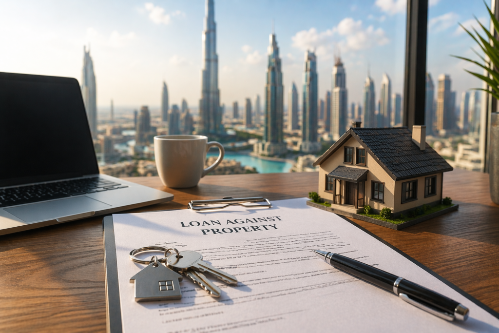 The purpose of this image is to visually communicate how property ownership in Dubai can be leveraged as a financial asset. It highlights the concept of a loan against property by combining key elements such as a real estate model, legal documents, and financial tools within a modern, high-end office setting overlooking a city skyline. Additionally, the image reinforces trust, professionalism, and opportunity. It is designed to help readers immediately understand that real estate is not just about owning a home—it is also a strategic way to access capital, grow wealth, and make informed financial decisions without selling the property.