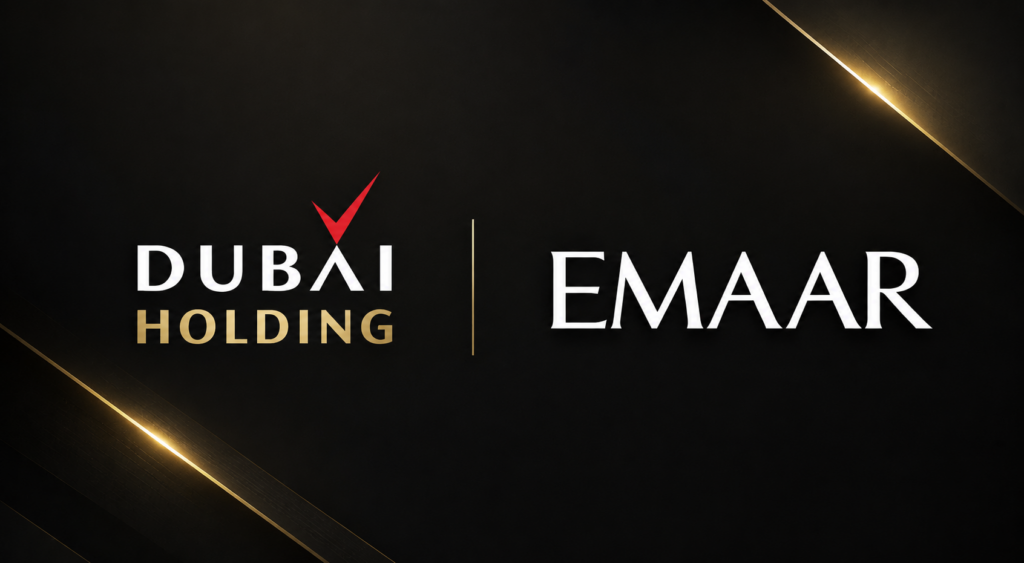This image is designed to represent a premium strategic partnership between Dubai Holding and Emaar, two of Dubai’s most influential real estate and development brands.