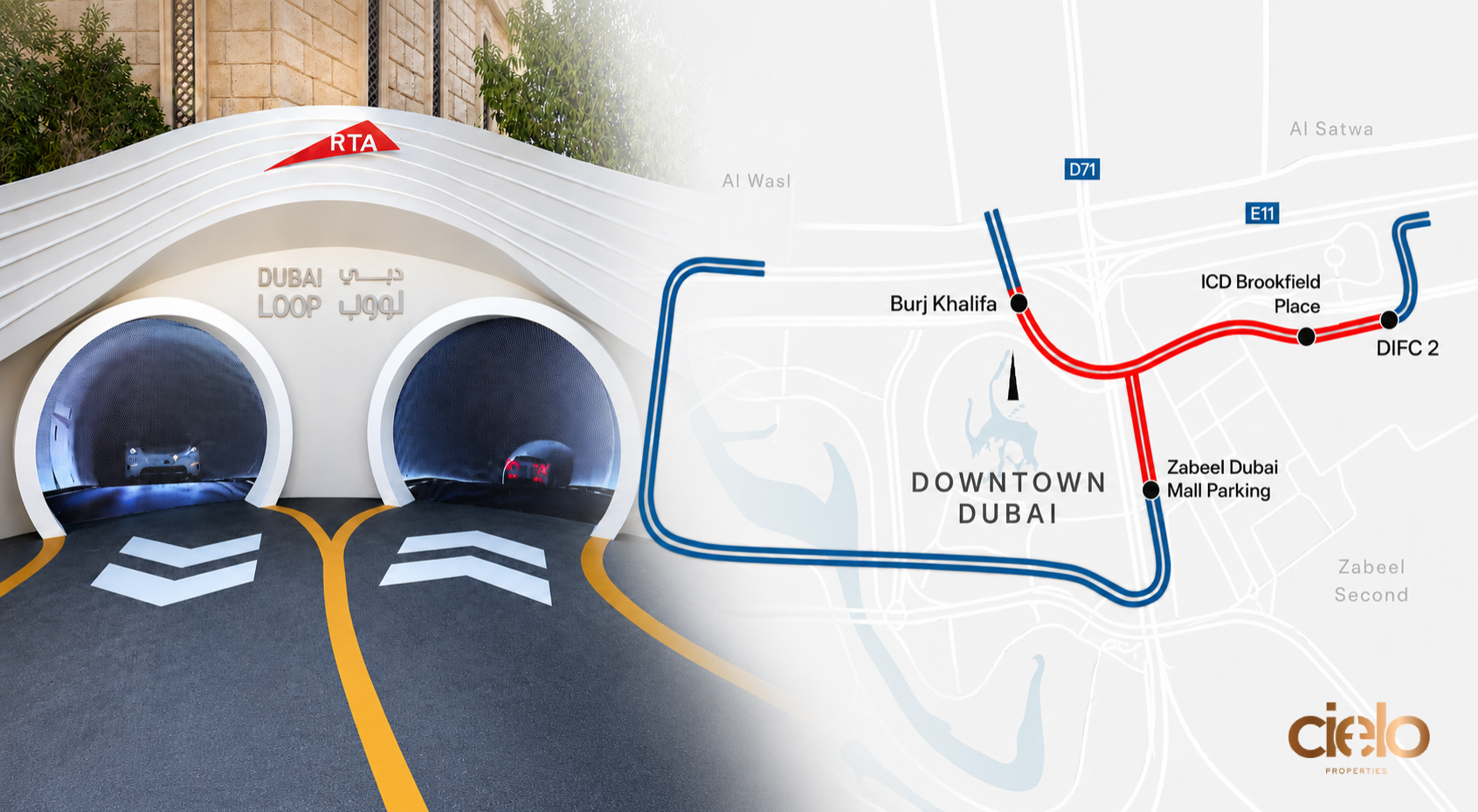 This image is designed as a modern visual concept presentation for the Dubai Loop transportation system. Its purpose is to communicate both the vision and route structure of the project in a clean, premium, and futuristic style suitable for: