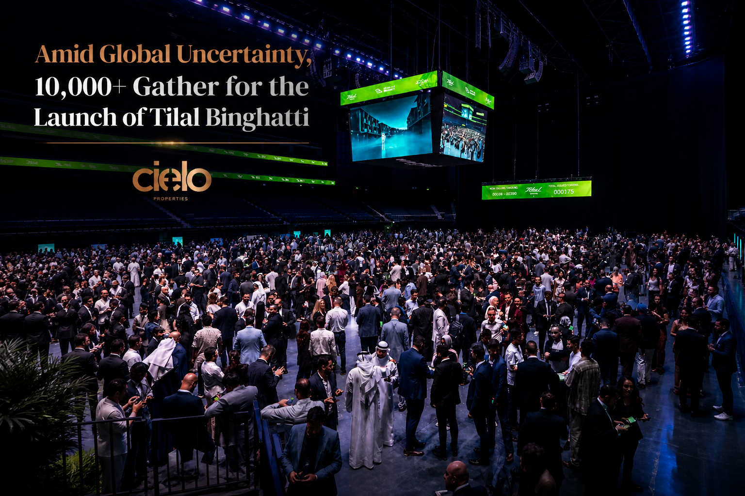 This image is designed as a luxury real estate event marketing banner for a website article or media publication. Its purpose is to communicate the massive success, exclusivity, and market confidence surrounding the launch of Tilal Binghatti while reinforcing the premium branding of Cielo Properties.