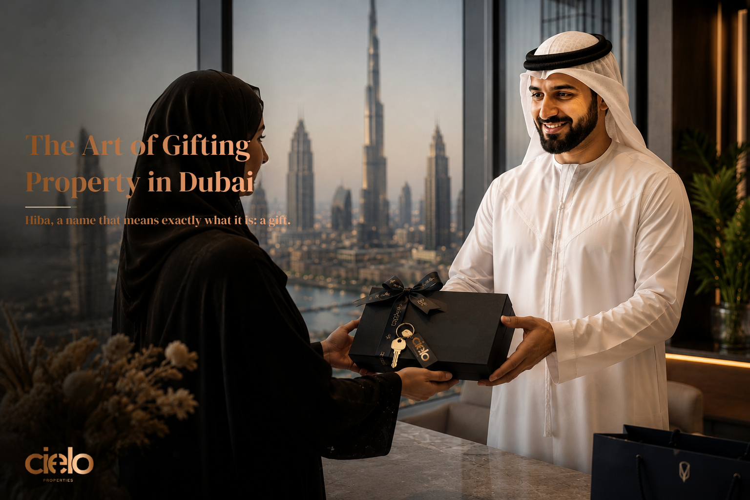 Promote real estate gifting as a meaningful and prestigious gesture, symbolized by the elegant gift box and luxury house key.