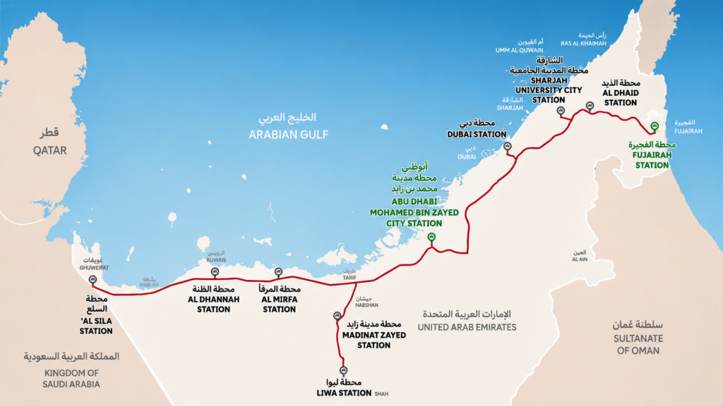 **Alt Text:**

A clean infographic map of the United Arab Emirates illustrating the Etihad Rail passenger network. A red rail line connects key stations across Abu Dhabi, Dubai, Sharjah, and Fujairah, with bilingual Arabic and English station names including Al Sila, Al Dhannah, Al Mirfa, Madinat Zayed, Abu Dhabi Mohamed Bin Zayed City, Dubai, Sharjah University City, Al Dhaid, and Fujairah. The Arabian Gulf, neighboring countries, and emirate boundaries are shown in a minimalist, high-contrast design for easy readability.
