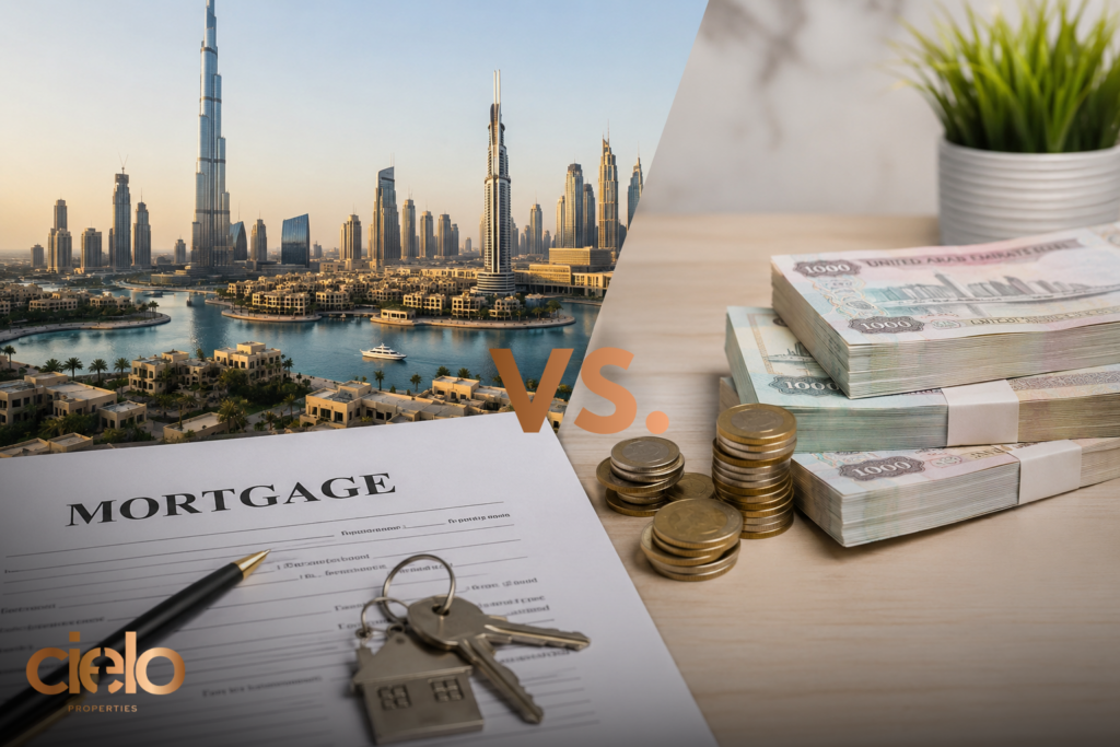 Dubai real estate comparison showing cash payment versus mortgage financing with Dubai skyline, UAE dirhams, mortgage documents, and house keys.