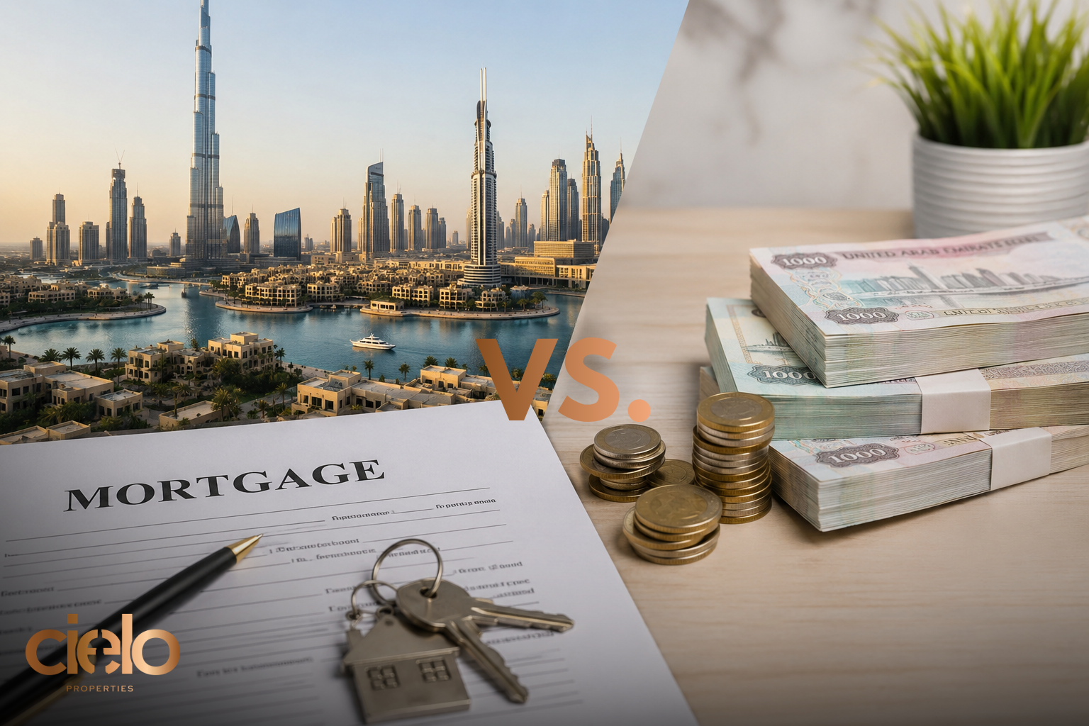 Dubai real estate comparison showing cash payment versus mortgage financing with Dubai skyline, UAE dirhams, mortgage documents, and house keys.