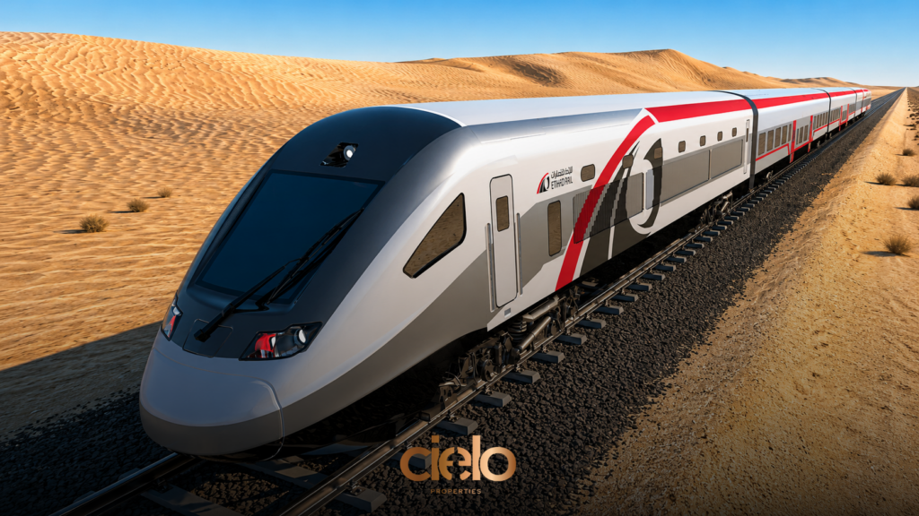 Etihad Rail passenger train travels through the golden desert landscape of the UAE under a clear blue sky. The modern silver-and-white train, accented with bold red graphics, moves along a railway flanked by rolling sand dunes, showcasing the future of high-speed rail connectivity across the Emirates.