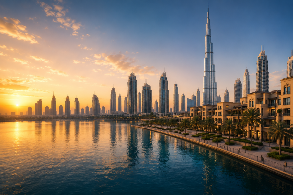 **Alt text:** Panoramic view of Dubai's Downtown skyline at sunset, featuring the Burj Khalifa rising above luxury waterfront residences, palm-lined promenades, and calm reflective waters, symbolizing a stable and maturing real estate market.
