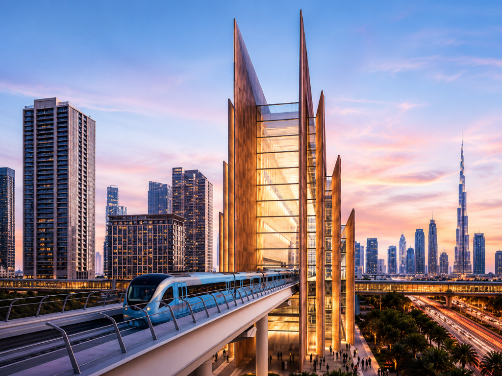 **Alt Text:** A modern Dubai Metro train arrives at a striking, gold-toned elevated station during sunset, surrounded by contemporary high-rise buildings. The Burj Khalifa rises prominently in the background against a pastel pink and blue sky, while Sheikh Zayed Road below is illuminated with streaks of moving traffic. The image highlights Dubai's iconic skyline, advanced public transportation, and modern urban architecture.
