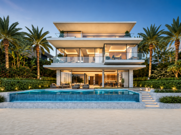 Luxury beachfront villa at Palm Jebel Ali Frond F featuring modern architecture, floor-to-ceiling windows, landscaped gardens and a private infinity pool.