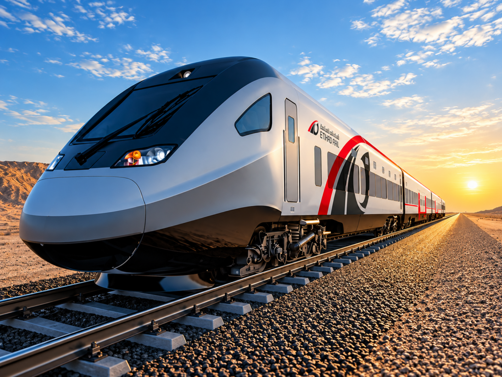 Etihad Rail Dubai to Abu Dhabi passenger train at Al Yalayis Station