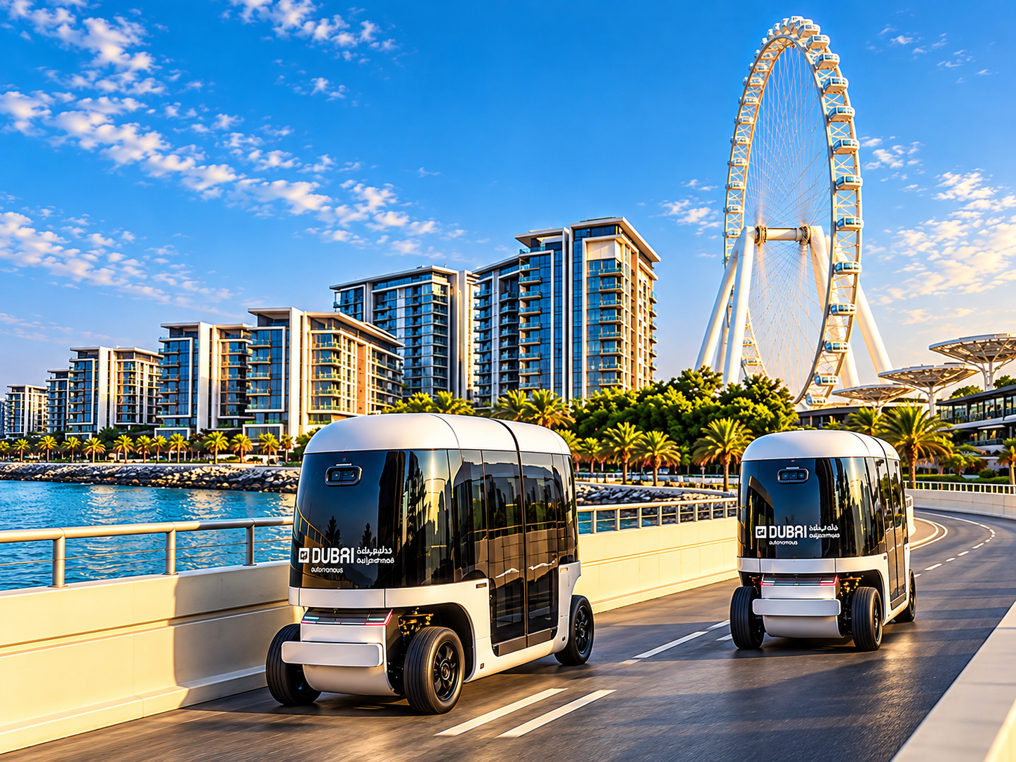 Illustration of two driverless electric pods beside the Bluewaters waterfront, with Ain Dubai in the background.
