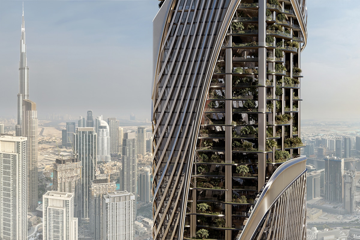 Exterior rendering of Christian A. Rockefeller Business Tower on Sheikh Zayed Road, Dubai.