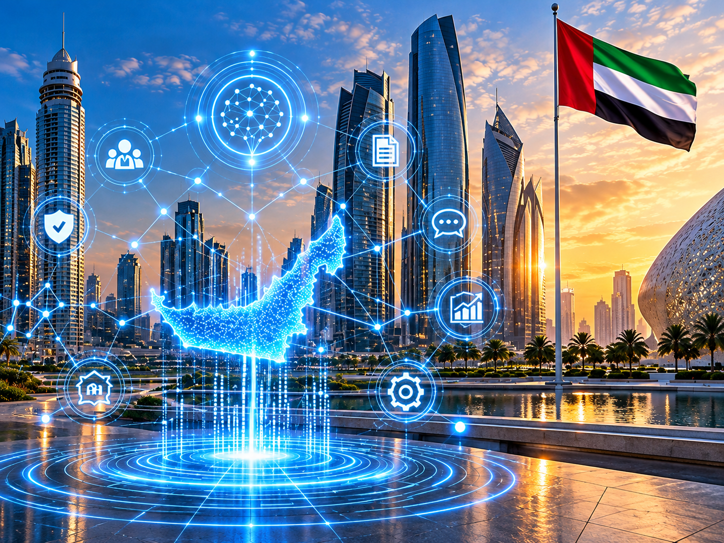 Conceptual UAE skyline with a national flag, holographic map and glowing blue icons representing AI and digital services.