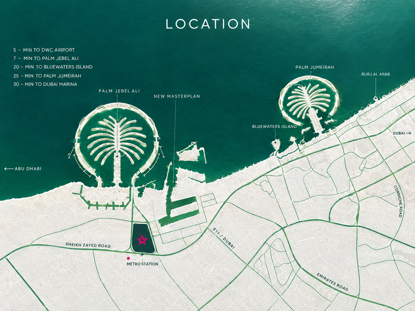 Illustrative Palm Springs location map showing a starred mainland site near Sheikh Zayed Road in Dubai’s Jebel Ali area.