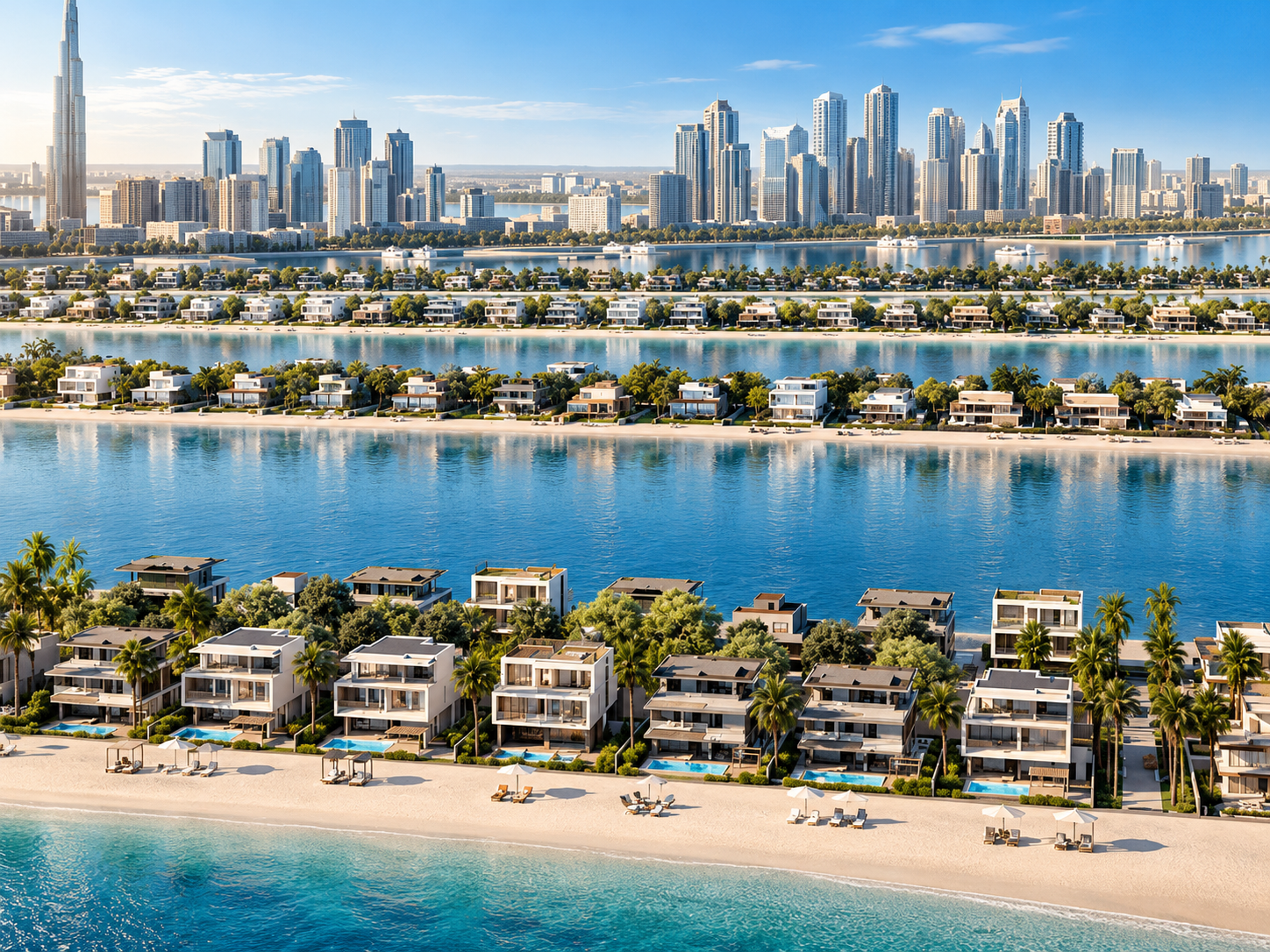 Illustrative rendering of beachfront villas with private pools, palm trees and blue waterways, with Dubai’s skyline in the background.