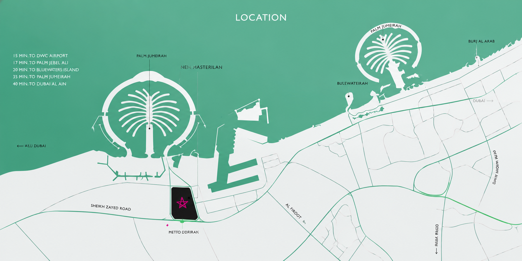 Illustrative Palm Springs location map showing a starred mainland site near Sheikh Zayed Road in Dubai’s Jebel Ali area.