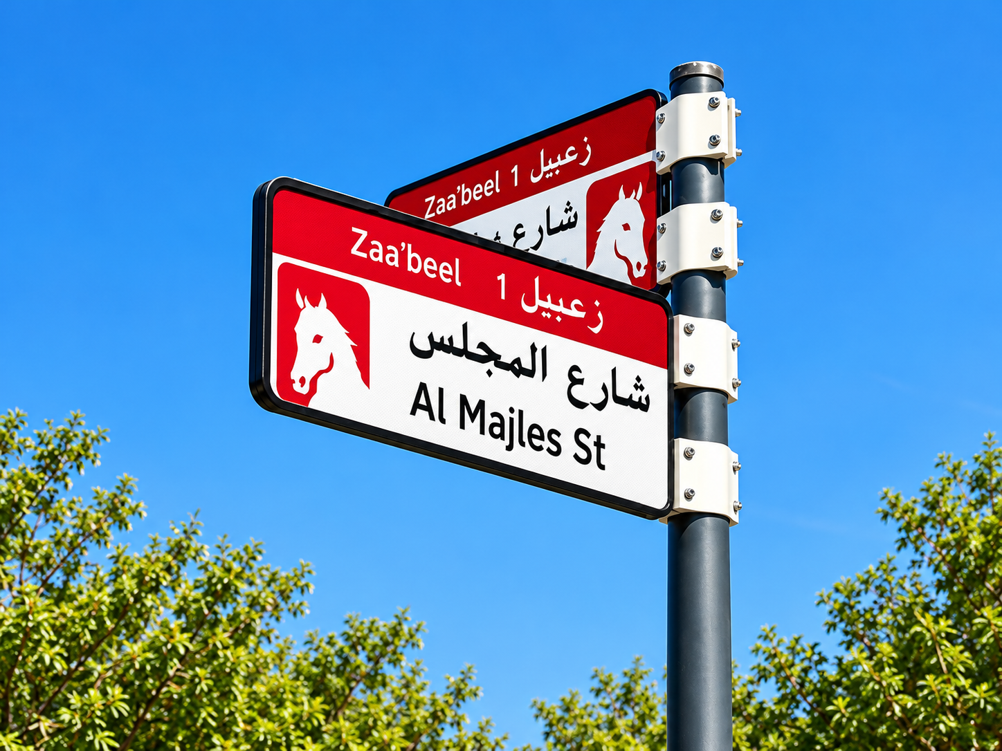 Arabic and English street signs for Zaa’beel and Al Majles Street against a clear blue sky.